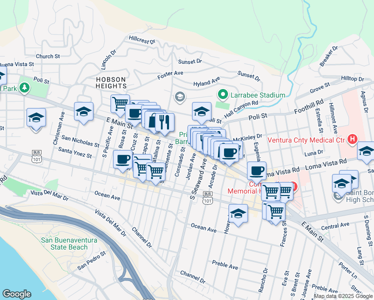 map of restaurants, bars, coffee shops, grocery stores, and more near 2218 East Main Street in Ventura