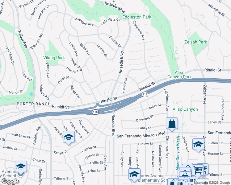 map of restaurants, bars, coffee shops, grocery stores, and more near 11340 Reseda Boulevard in Los Angeles