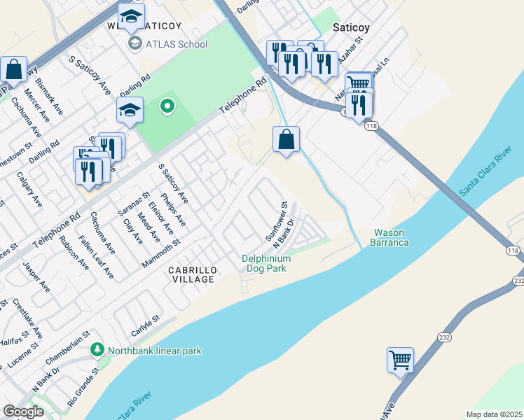 map of restaurants, bars, coffee shops, grocery stores, and more near 1562 Carnation Avenue in Ventura