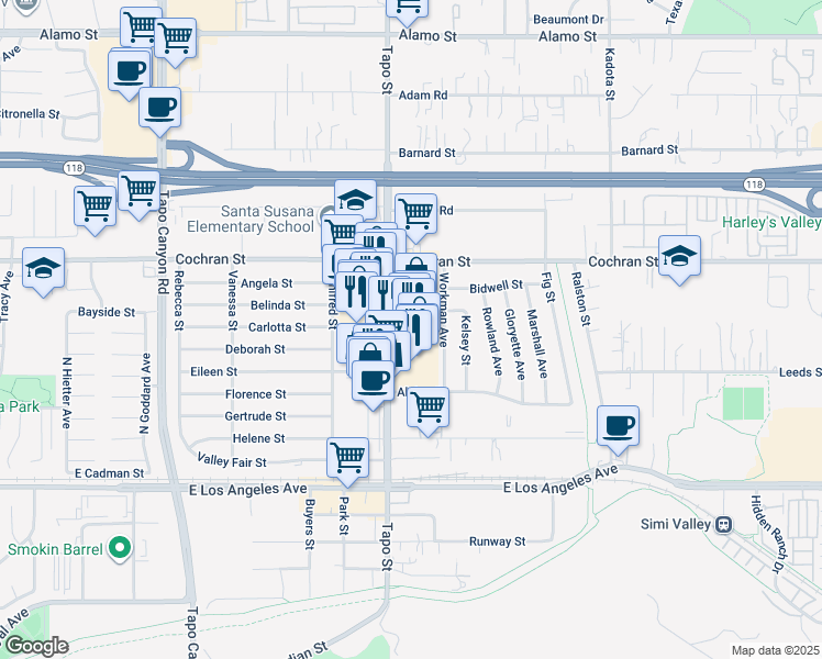 map of restaurants, bars, coffee shops, grocery stores, and more near 2248 Tapo Street in Simi Valley