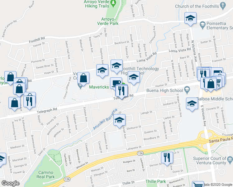 map of restaurants, bars, coffee shops, grocery stores, and more near 5101 Telegraph Road in Ventura