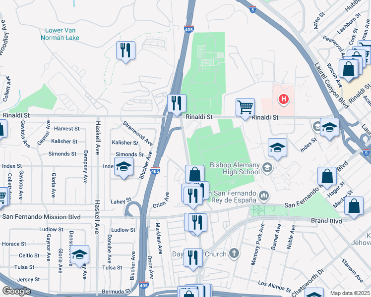 map of restaurants, bars, coffee shops, grocery stores, and more near 11333 Sepulveda Blvd in Mission Hills