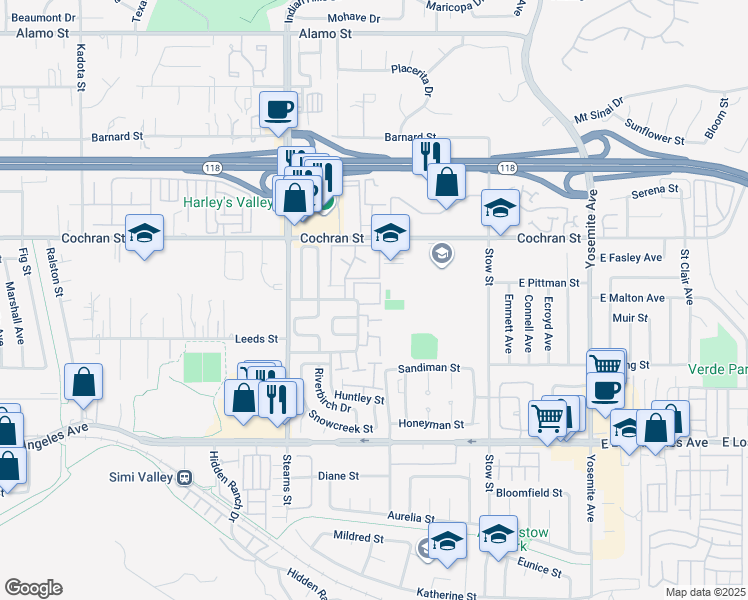 map of restaurants, bars, coffee shops, grocery stores, and more near 2264 Birch Glen Ave in Simi Valley
