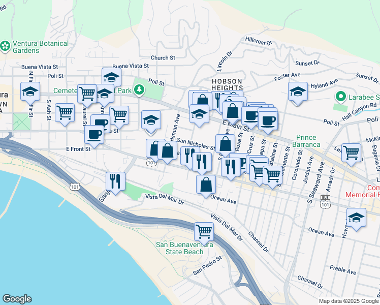 map of restaurants, bars, coffee shops, grocery stores, and more near in Ventura