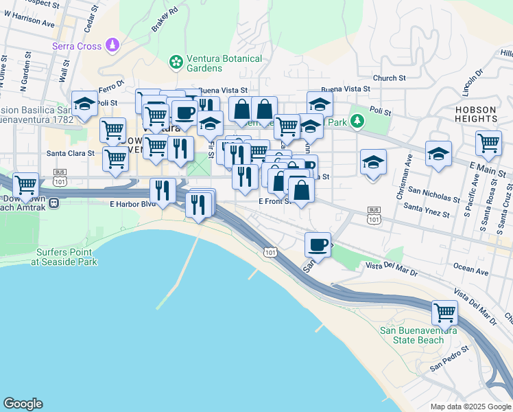 map of restaurants, bars, coffee shops, grocery stores, and more near 840 East Front Street in Ventura
