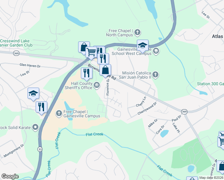 map of restaurants, bars, coffee shops, grocery stores, and more near 2817 Florence Drive in Gainesville