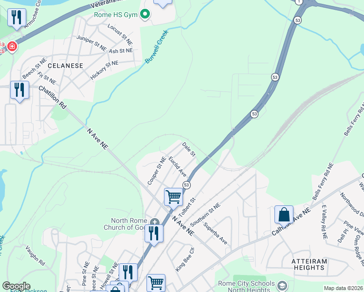 map of restaurants, bars, coffee shops, grocery stores, and more near 306 Couper Street Northeast in Rome