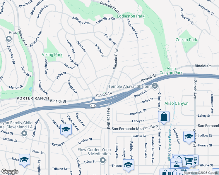 map of restaurants, bars, coffee shops, grocery stores, and more near 11340 Reseda Boulevard in Los Angeles