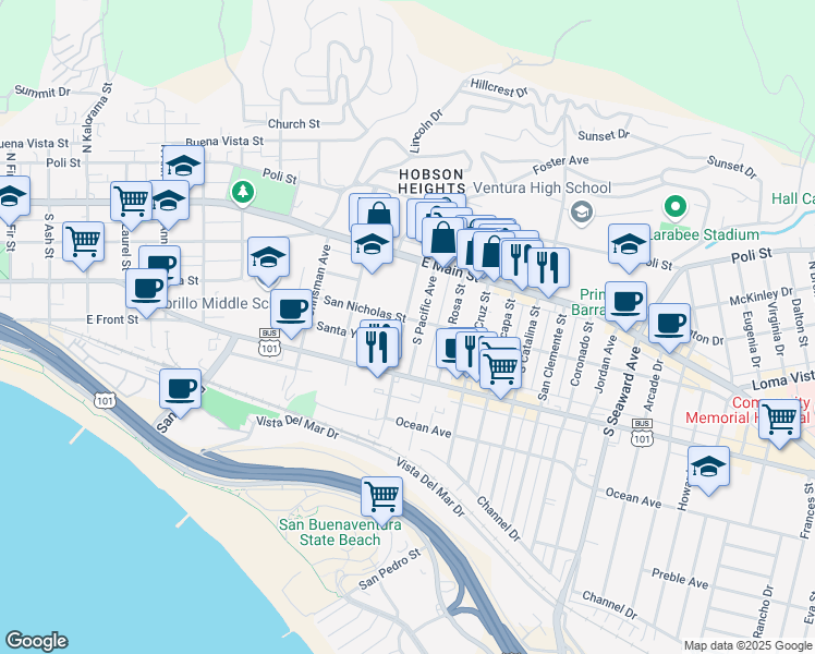 map of restaurants, bars, coffee shops, grocery stores, and more near 166 Hurst Avenue in Ventura