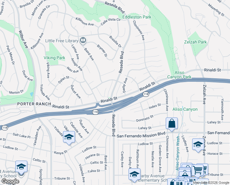map of restaurants, bars, coffee shops, grocery stores, and more near 11340 Reseda Boulevard in Los Angeles
