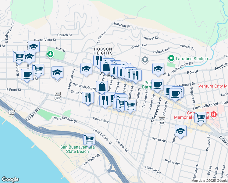 map of restaurants, bars, coffee shops, grocery stores, and more near 119 South Santa Cruz Street in Ventura