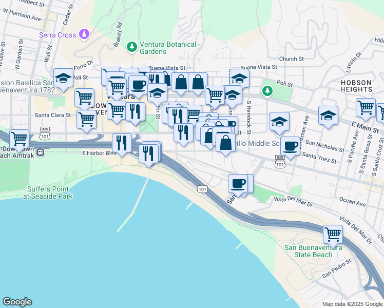 map of restaurants, bars, coffee shops, grocery stores, and more near 840 East Front Street in Ventura