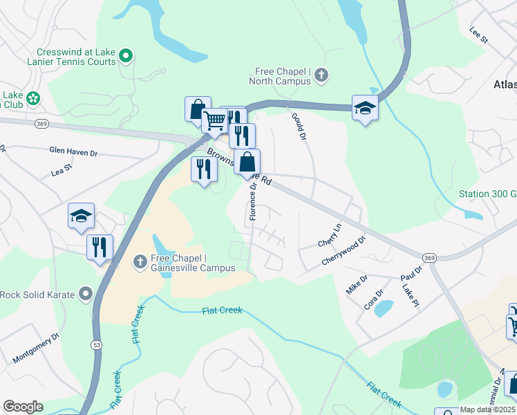 map of restaurants, bars, coffee shops, grocery stores, and more near 2827 Florence Drive in Gainesville