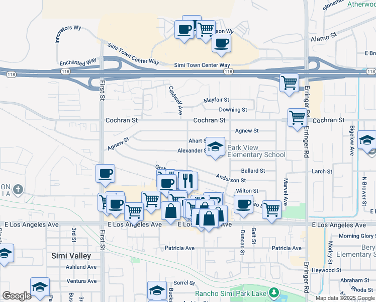 map of restaurants, bars, coffee shops, grocery stores, and more near 1500 Alexander Street in Simi Valley