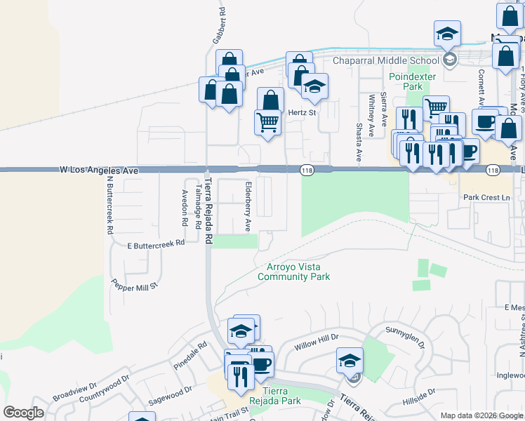 map of restaurants, bars, coffee shops, grocery stores, and more near 11944 Los Angeles Avenue in Moorpark