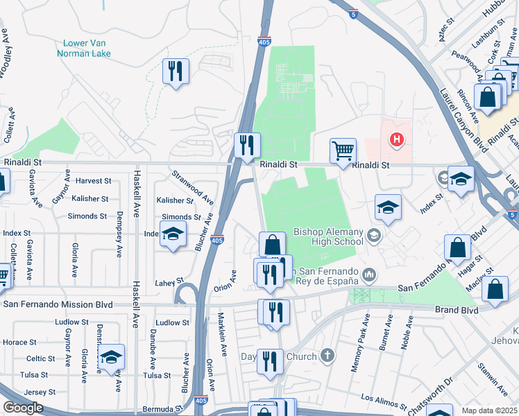 map of restaurants, bars, coffee shops, grocery stores, and more near 11333 Sepulveda Boulevard in Los Angeles