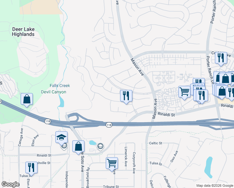map of restaurants, bars, coffee shops, grocery stores, and more near 20704 Bergamo Way in Los Angeles