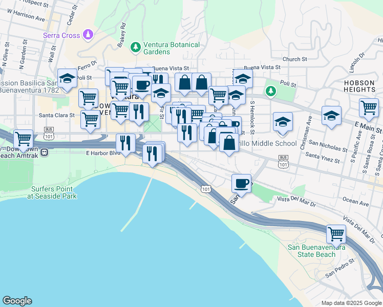 map of restaurants, bars, coffee shops, grocery stores, and more near 840 E Front St in Ventura