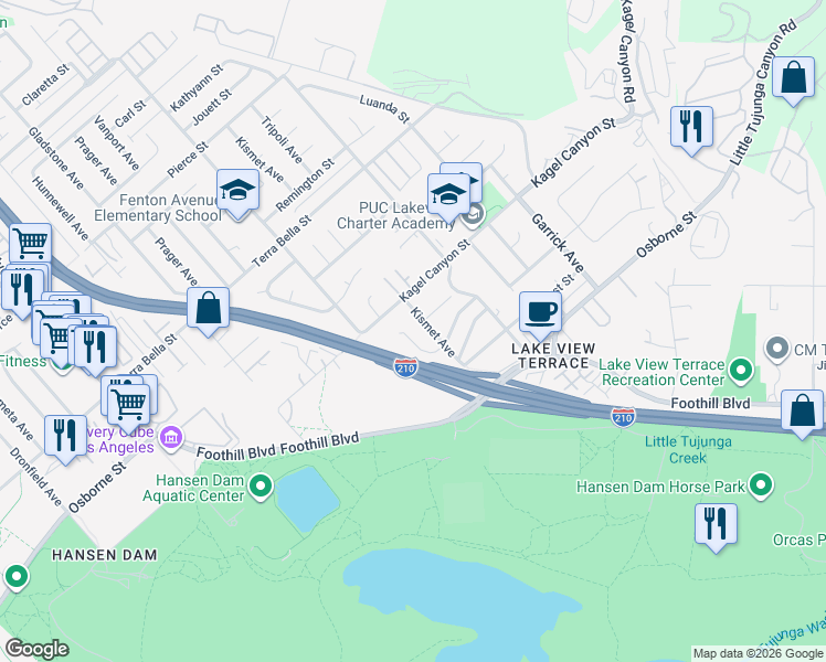 map of restaurants, bars, coffee shops, grocery stores, and more near 11374 Hela Avenue in Los Angeles