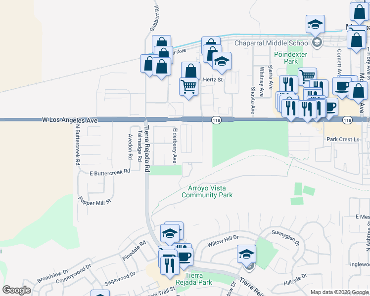 map of restaurants, bars, coffee shops, grocery stores, and more near 4805 Arroyo Run in Moorpark