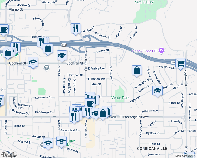 map of restaurants, bars, coffee shops, grocery stores, and more near 5900 East Malton Avenue in Simi Valley