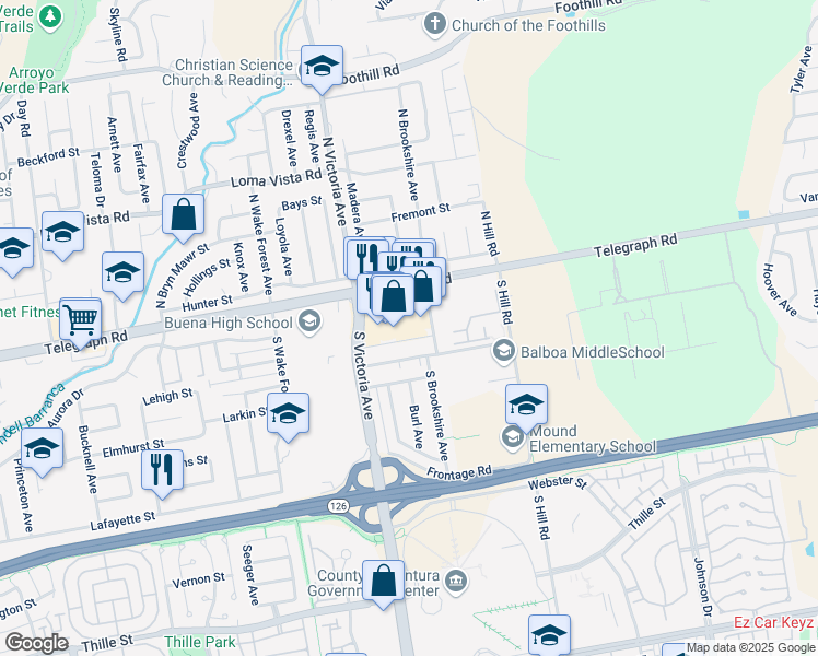 map of restaurants, bars, coffee shops, grocery stores, and more near 6040 Telegraph Road in Ventura