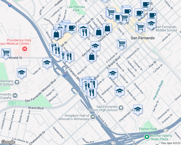 map of restaurants, bars, coffee shops, grocery stores, and more near 11417 Amboy Avenue in San Fernando