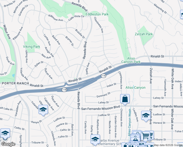 map of restaurants, bars, coffee shops, grocery stores, and more near 18352 Algiers Street in Los Angeles