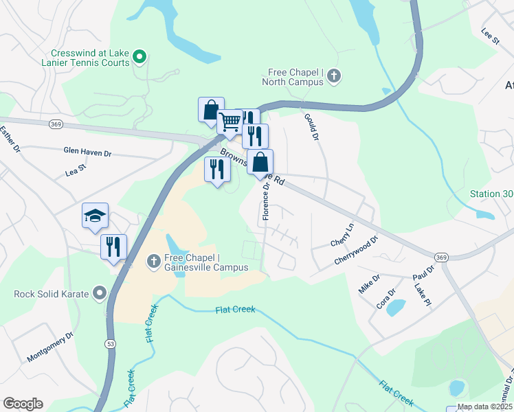 map of restaurants, bars, coffee shops, grocery stores, and more near 2828 Florence Drive in Gainesville