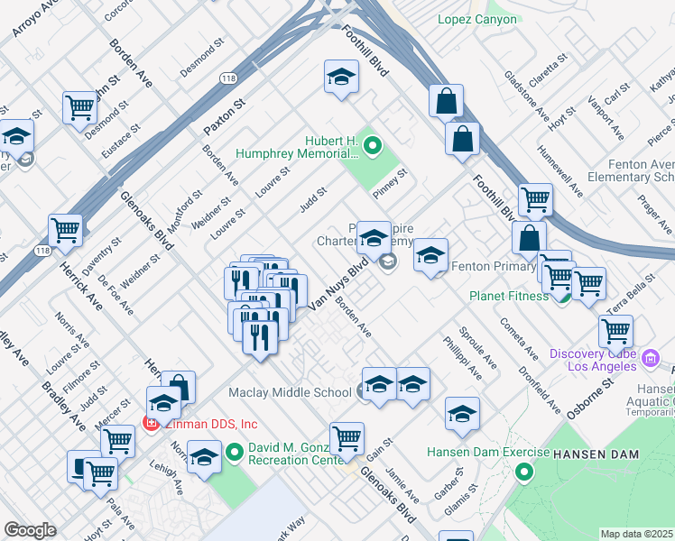 map of restaurants, bars, coffee shops, grocery stores, and more near 12601 Van Nuys Boulevard in Los Angeles