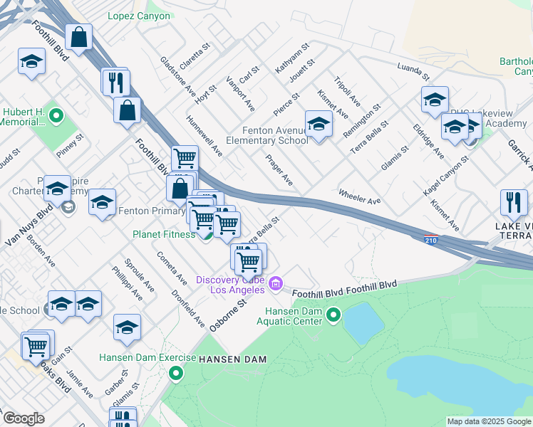 map of restaurants, bars, coffee shops, grocery stores, and more near 11965 Terra Bella Street in Los Angeles