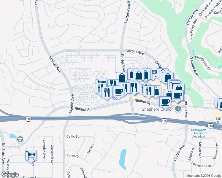map of restaurants, bars, coffee shops, grocery stores, and more near 20065 Rinaldi Street in Los Angeles