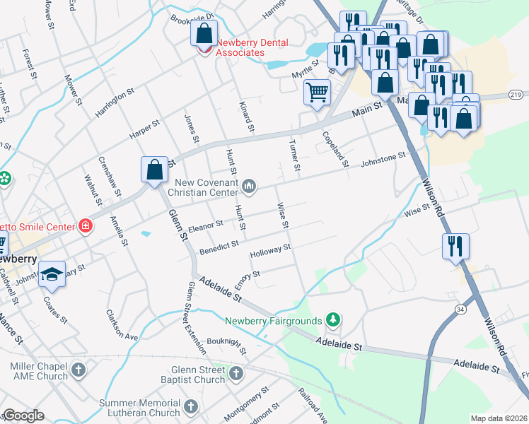map of restaurants, bars, coffee shops, grocery stores, and more near 2324 Eleanor Street in Newberry