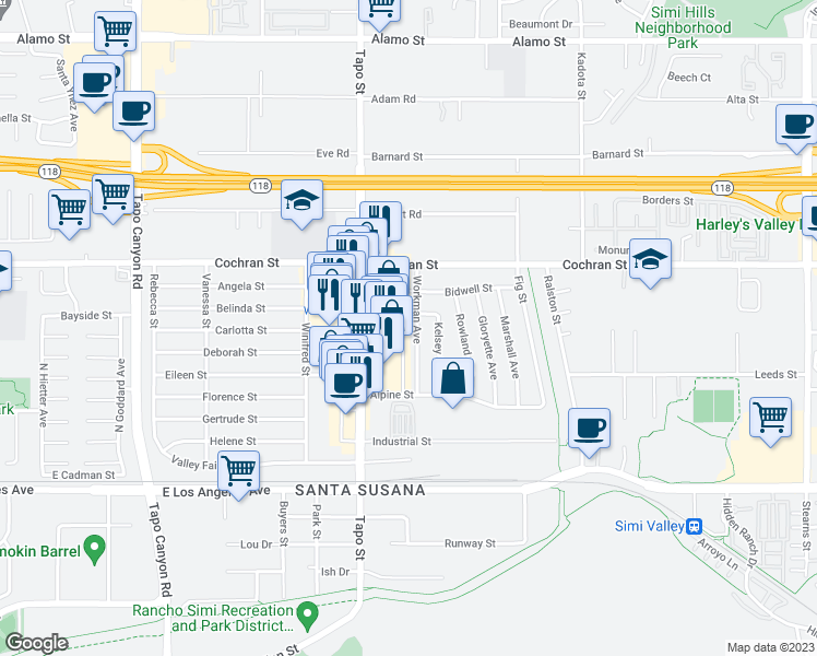 map of restaurants, bars, coffee shops, grocery stores, and more near 2323 Workman Avenue in Simi Valley