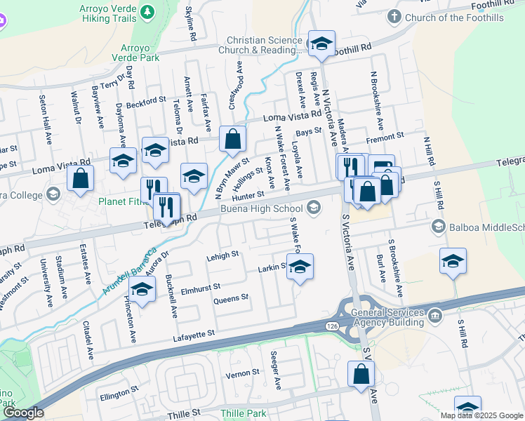 map of restaurants, bars, coffee shops, grocery stores, and more near 5550 Telegraph Road in Ventura