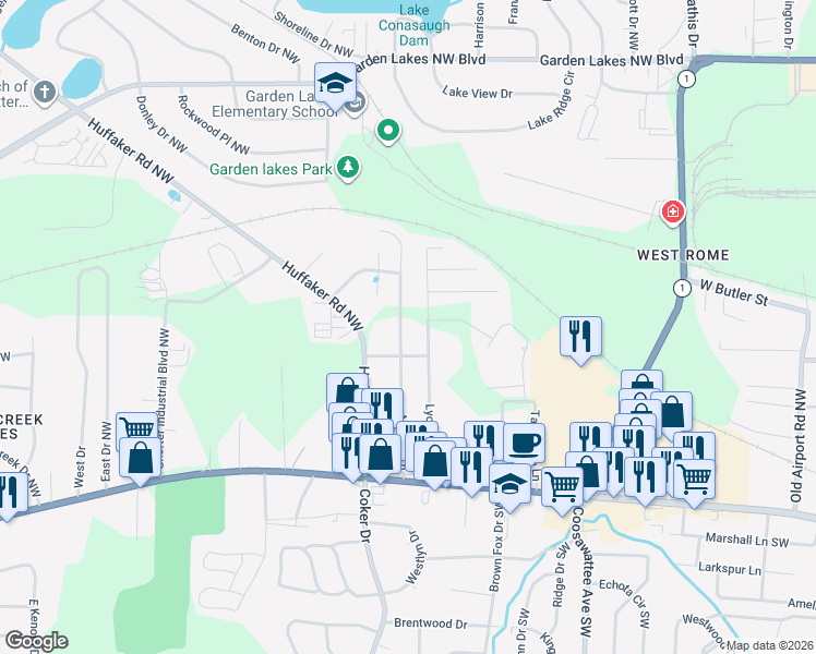map of restaurants, bars, coffee shops, grocery stores, and more near 103 Melody Lane Northwest in Rome