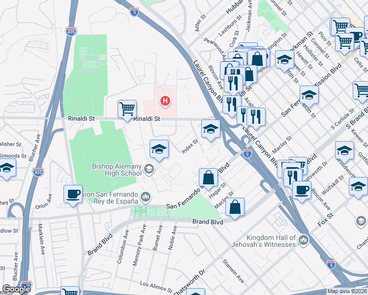 map of restaurants, bars, coffee shops, grocery stores, and more near 14956 Index Street in Los Angeles