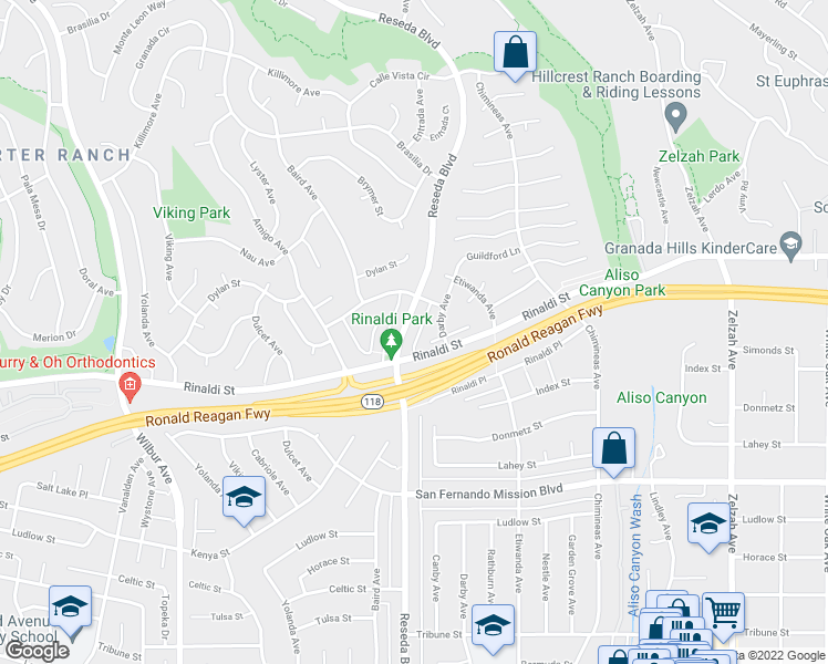map of restaurants, bars, coffee shops, grocery stores, and more near 11326 Reseda Boulevard in Los Angeles