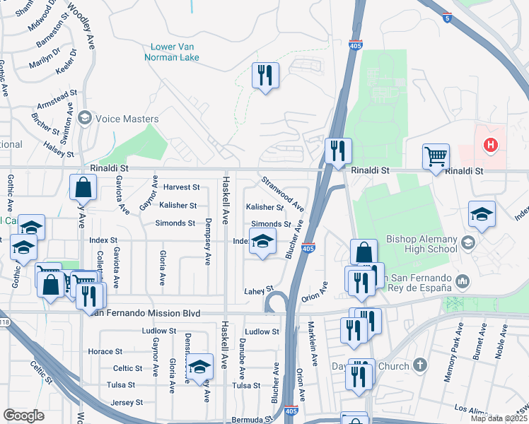 map of restaurants, bars, coffee shops, grocery stores, and more near 15664 Kalisher Street in Los Angeles