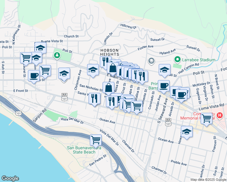 map of restaurants, bars, coffee shops, grocery stores, and more near South Santa Rosa Street in Ventura
