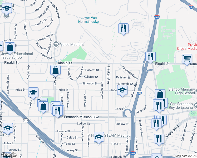 map of restaurants, bars, coffee shops, grocery stores, and more near 15844 Kalisher Street in Los Angeles