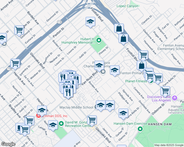 map of restaurants, bars, coffee shops, grocery stores, and more near 12601 Van Nuys Boulevard in Los Angeles