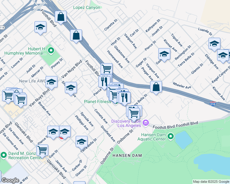 map of restaurants, bars, coffee shops, grocery stores, and more near 11996 Foothill Boulevard in Los Angeles