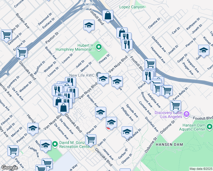 map of restaurants, bars, coffee shops, grocery stores, and more near 12550 Van Nuys Boulevard in Los Angeles