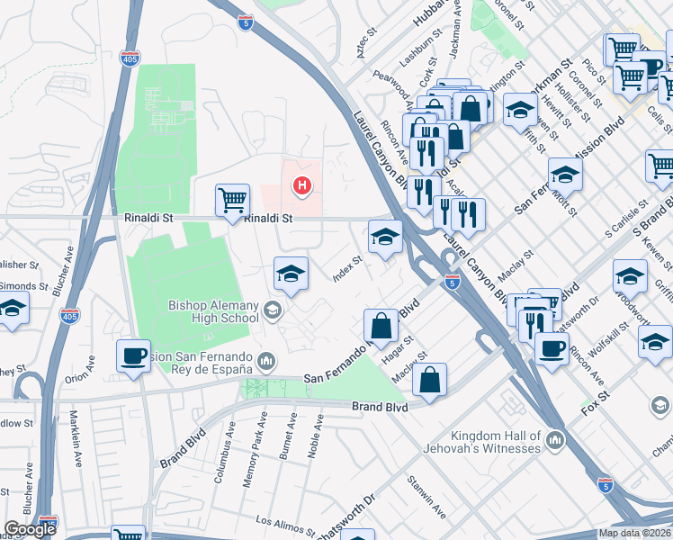 map of restaurants, bars, coffee shops, grocery stores, and more near 14956 Index Street in Los Angeles