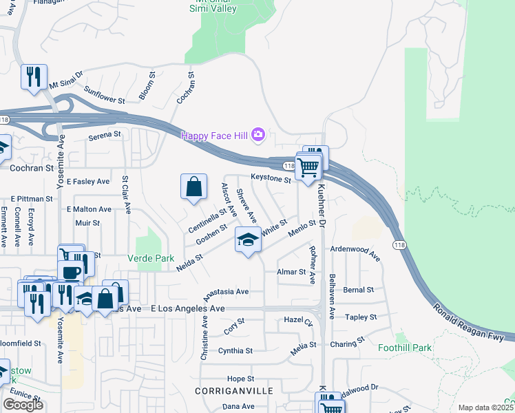 map of restaurants, bars, coffee shops, grocery stores, and more near 2259 Shreve Avenue in Simi Valley