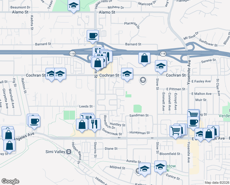 map of restaurants, bars, coffee shops, grocery stores, and more near 5342 Birchcroft Street in Simi Valley