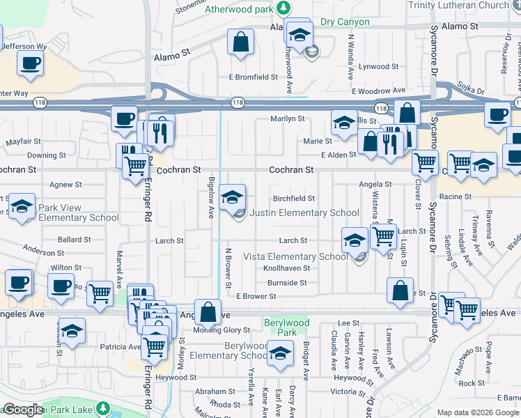 map of restaurants, bars, coffee shops, grocery stores, and more near 2244 North Justin Avenue in Simi Valley