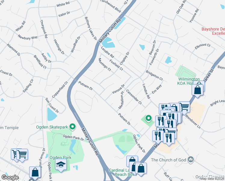 map of restaurants, bars, coffee shops, grocery stores, and more near 7109 Verona Drive in Wilmington