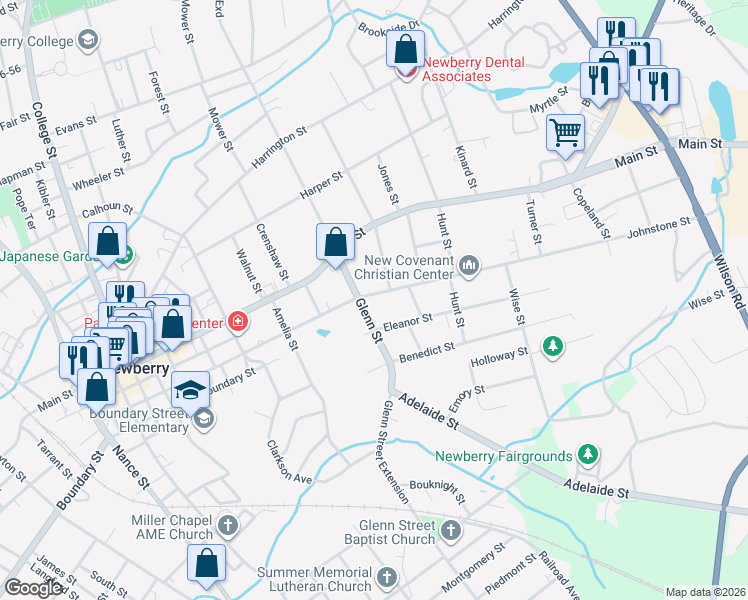 map of restaurants, bars, coffee shops, grocery stores, and more near 911 Glenn Street in Newberry